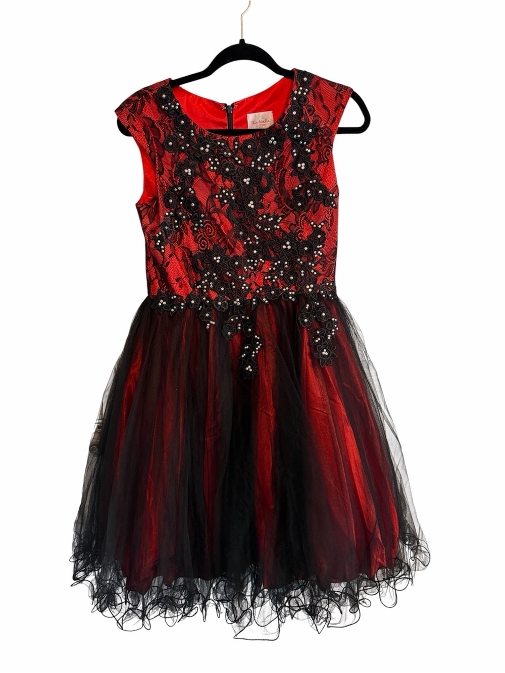 Girls Red & Black Lace-Embellished Tulle Party Dress